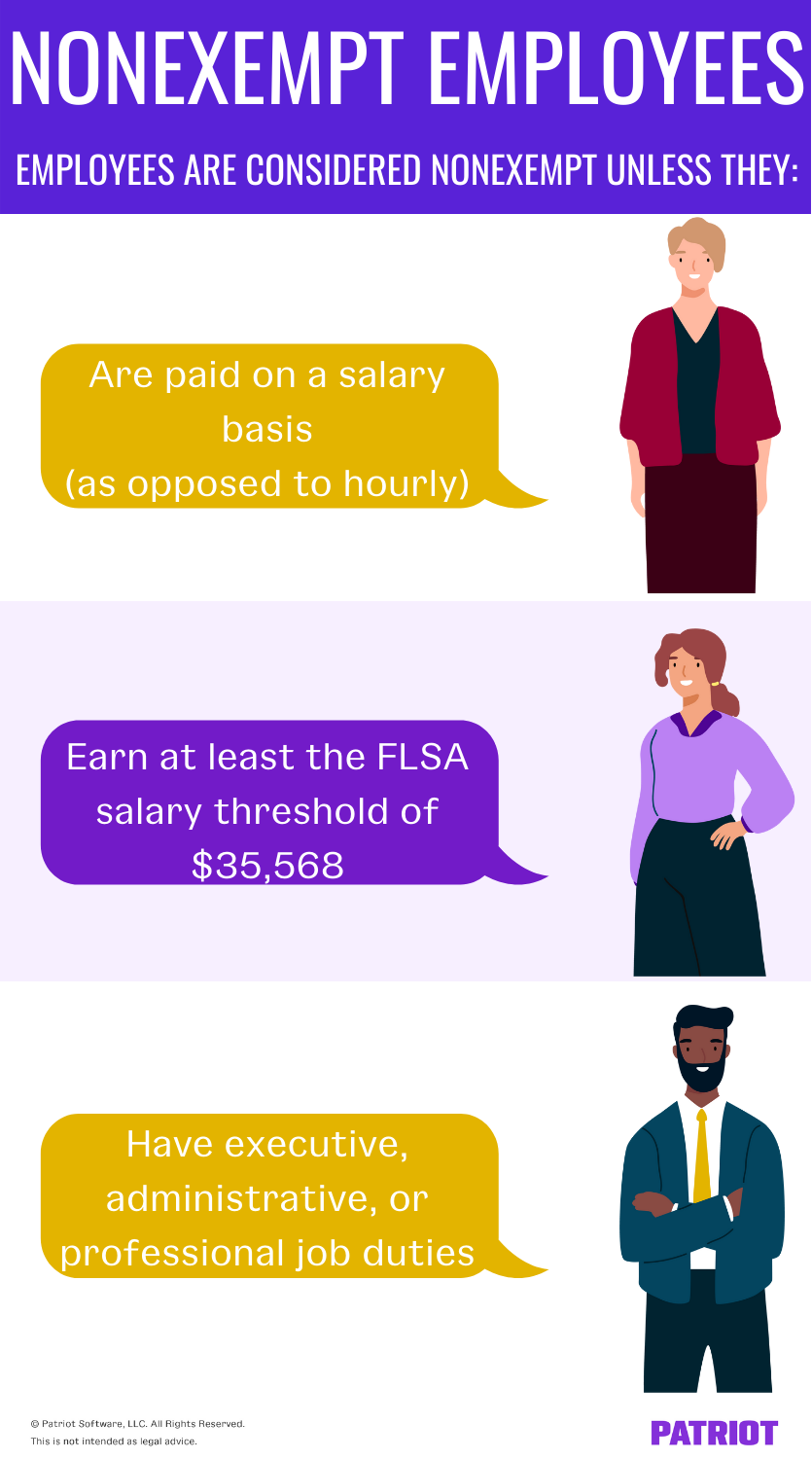 Employees are considered nonexempt unless they: Are paid on a salary basis, earn at least the FLSA salary threshold of $25,568, AND have executive, administrative, or professional job duties