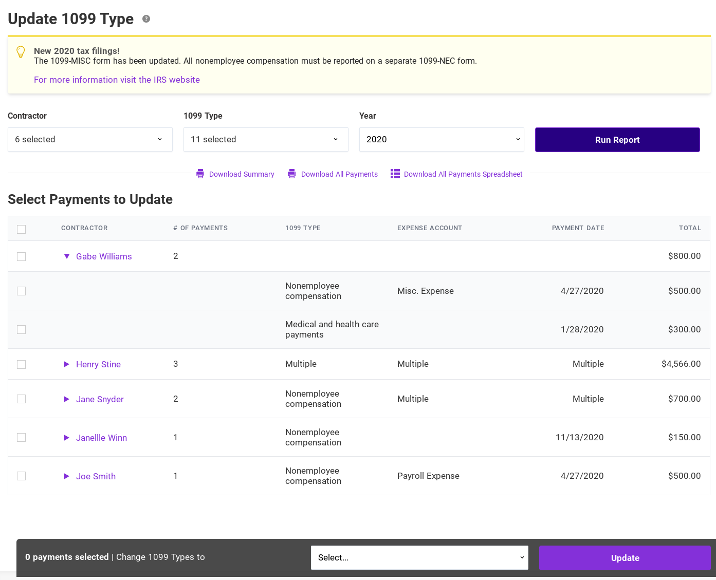 screenshot of Patriot Software's new Update 1099 Type Tool in action